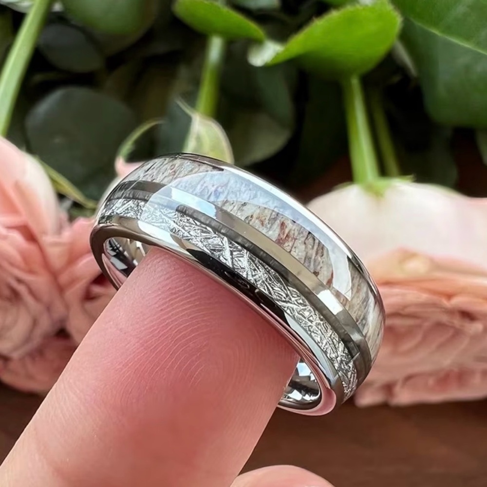 Men’s 304 Stainless Steel Silver Meteorite and Deer Antler Inlay Wedding Ring - Picture 8 of 12